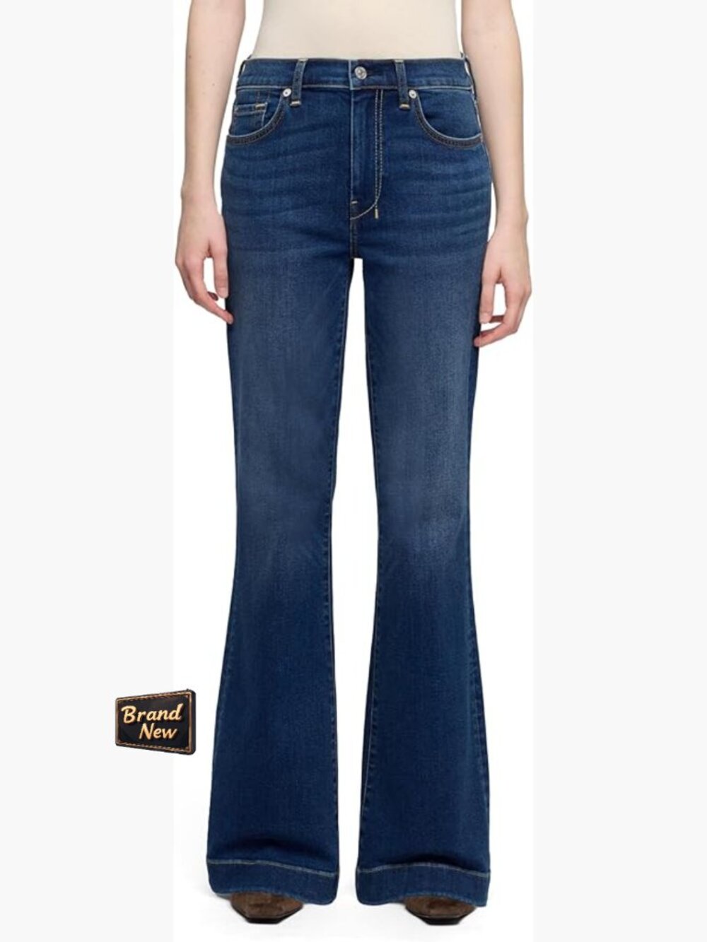 Mid Rise Flare Jeans with Trouser Hem Stretch Denim